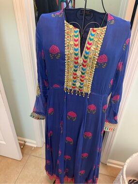 Embroidered Blue Maxi Dress with Pink Floral Motif